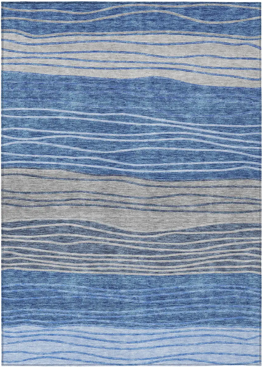 Navy Blue And Gray Striped Washable Indoor Outdoor Area Rug Photo 1
