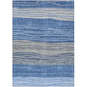 Photo of Navy Blue And Gray Striped Washable Indoor Outdoor Area Rug