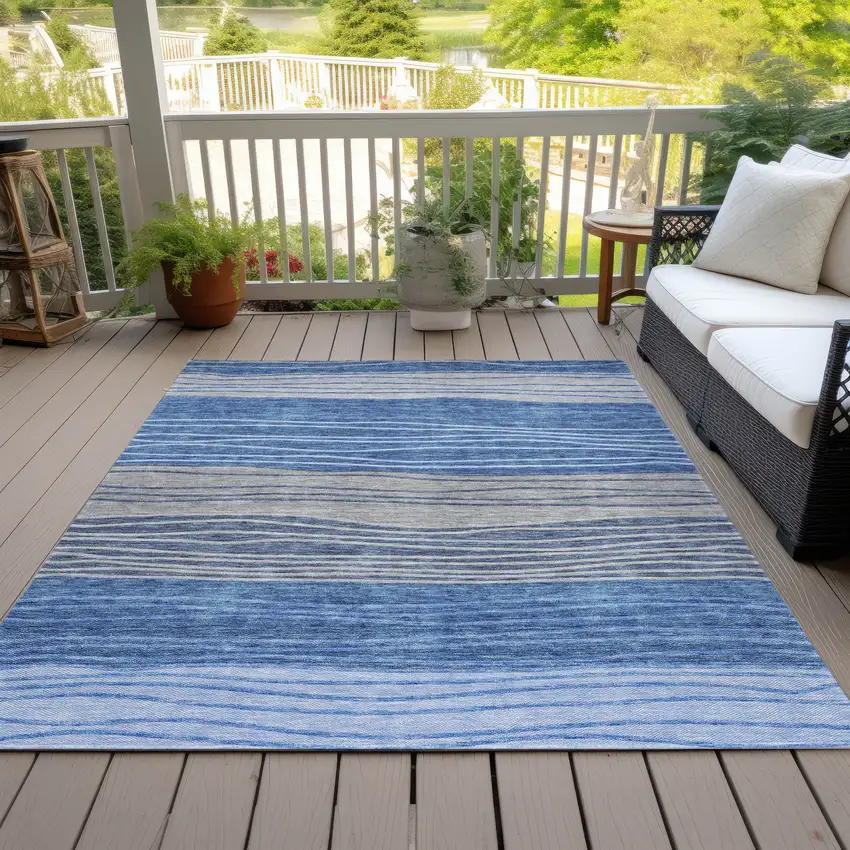 Navy Blue And Gray Striped Washable Indoor Outdoor Area Rug Photo 7
