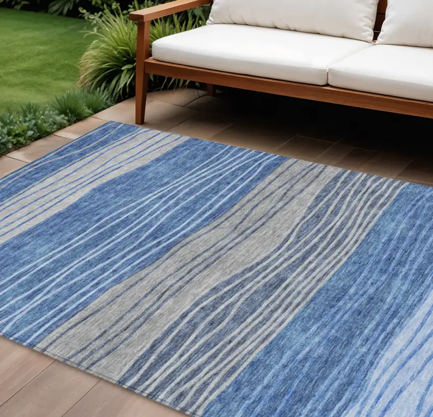 Navy Blue And Gray Striped Washable Indoor Outdoor Area Rug Photo 1