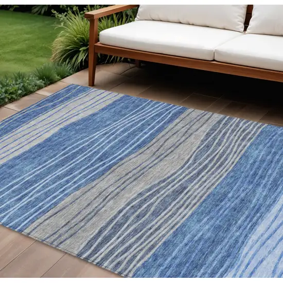 Navy Blue And Gray Striped Washable Indoor Outdoor Area Rug Photo 1
