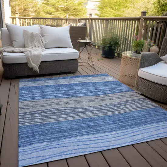Navy Blue And Gray Striped Washable Indoor Outdoor Area Rug Photo 9