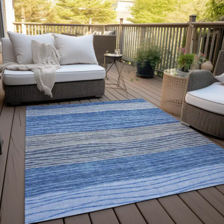 Navy Blue And Gray Striped Washable Indoor Outdoor Area Rug Photo 9