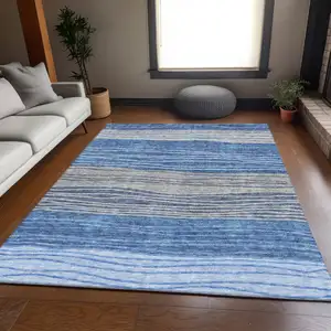 Photo of Navy Blue And Gray Striped Washable Indoor Outdoor Area Rug