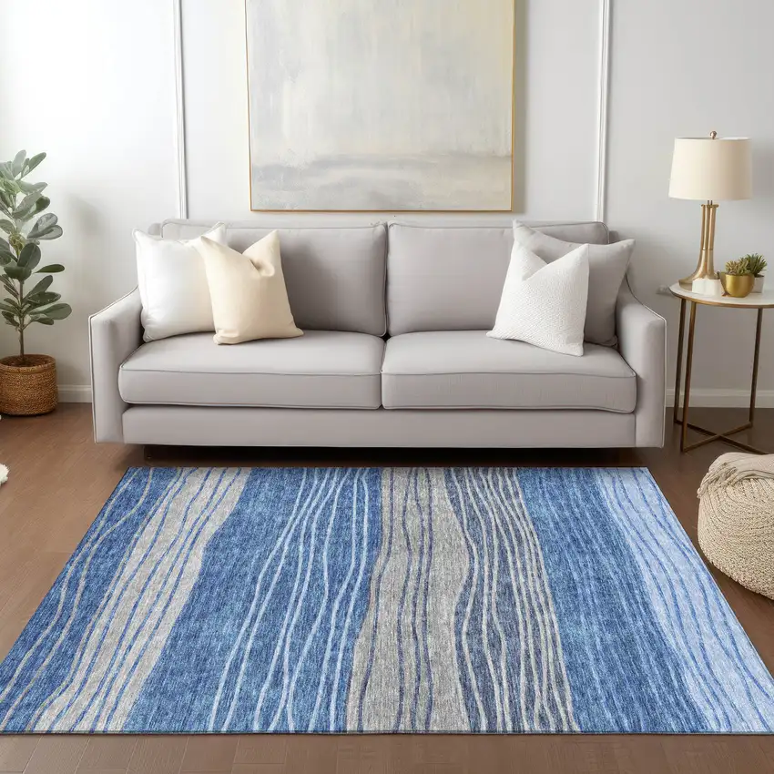 Navy Blue And Gray Striped Washable Indoor Outdoor Area Rug Photo 9