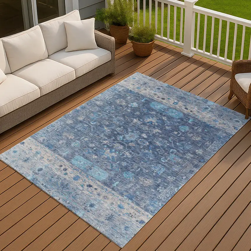 Navy Blue And Gray Tribal Washable Indoor Outdoor Area Rug Photo 8