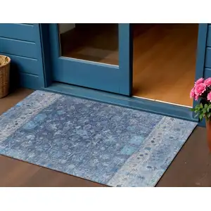 Photo of Navy Blue And Gray Tribal Washable Indoor Outdoor Area Rug