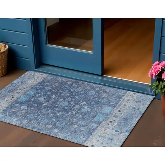 Navy Blue And Gray Tribal Washable Indoor Outdoor Area Rug Photo 1