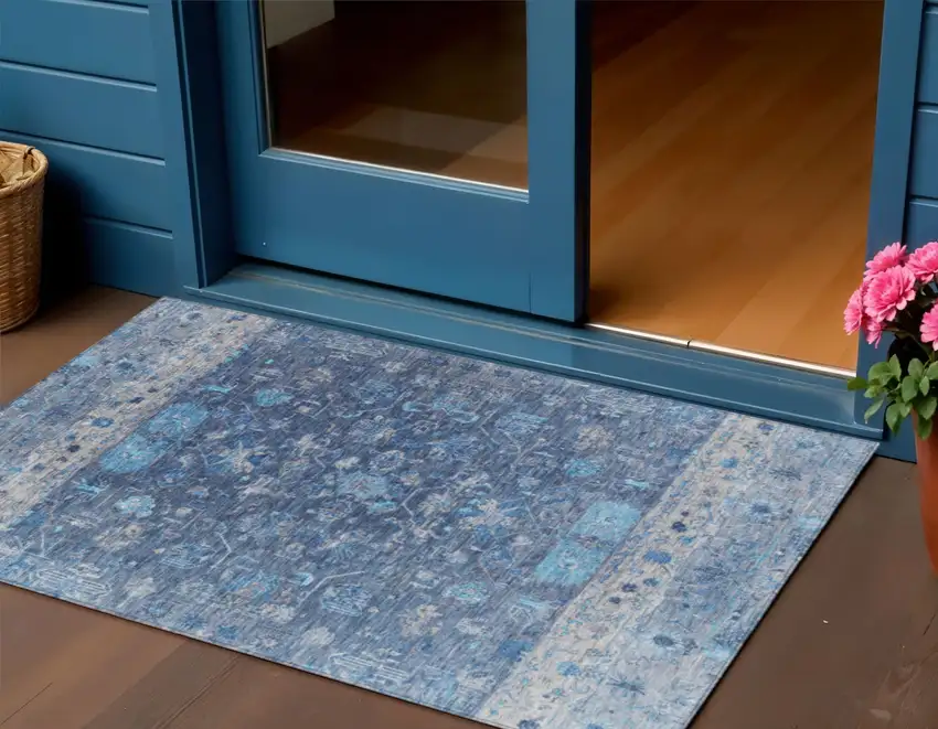 Navy Blue And Gray Tribal Washable Indoor Outdoor Area Rug Photo 1