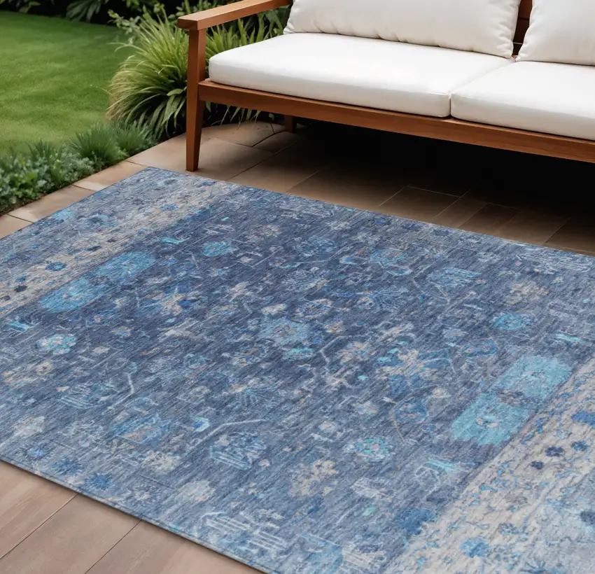 Navy Blue And Gray Tribal Washable Indoor Outdoor Area Rug Photo 1