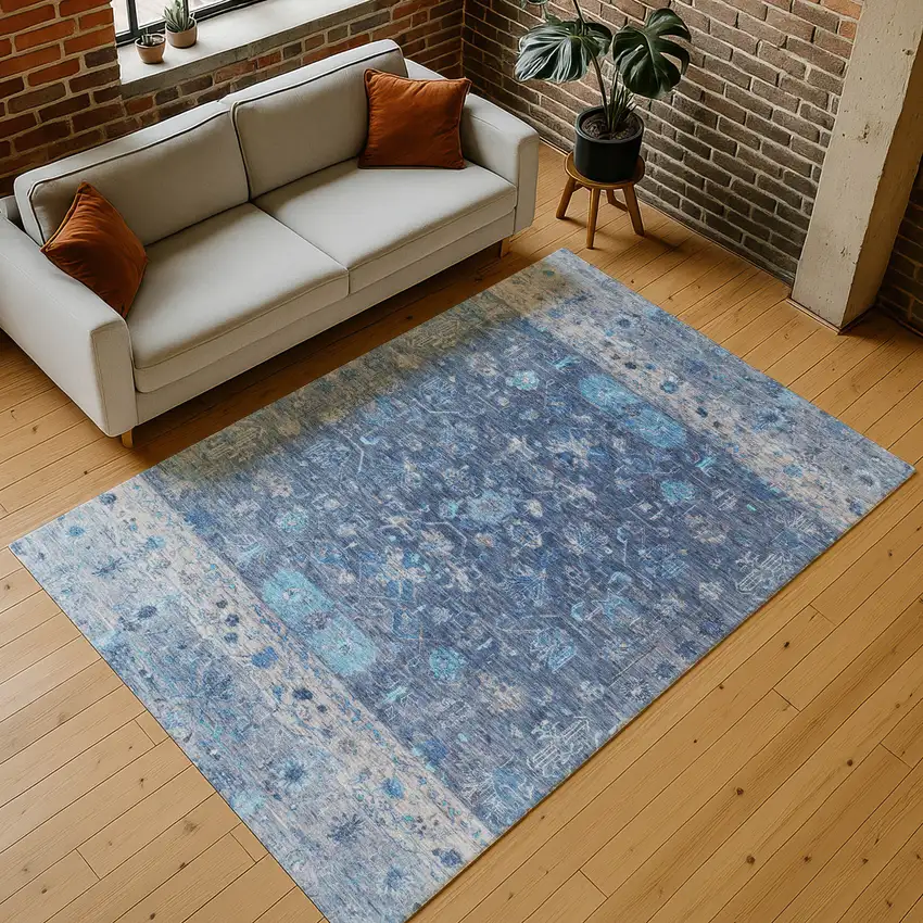 Navy Blue And Gray Tribal Washable Indoor Outdoor Area Rug Photo 9