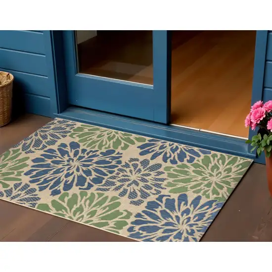 Navy Blue And Green Floral Indoor Outdoor Area Rug Photo 1