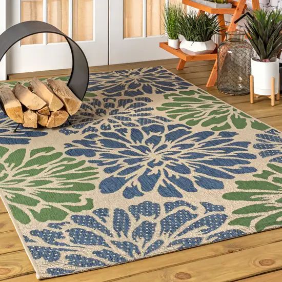 Navy Blue And Green Floral Indoor Outdoor Area Rug Photo 5