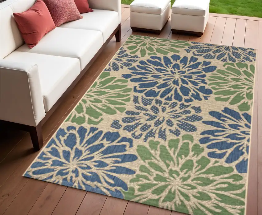 Navy Blue And Green Floral Indoor Outdoor Area Rug Photo 1