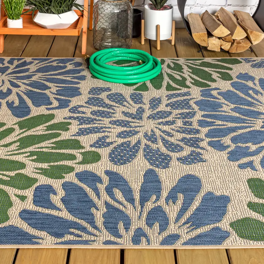 Navy Blue And Green Floral Indoor Outdoor Area Rug Photo 7