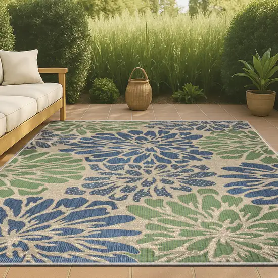 Navy Blue And Green Floral Indoor Outdoor Area Rug Photo 4