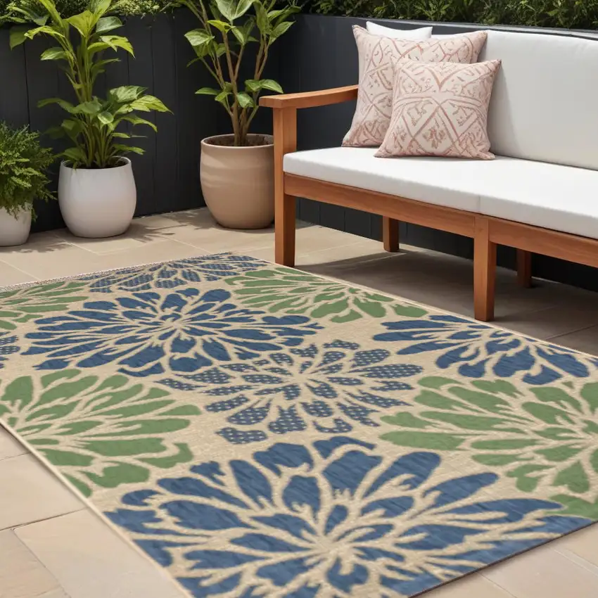 Navy Blue And Green Floral Indoor Outdoor Area Rug Photo 1