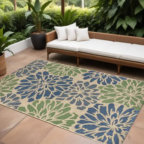 Navy Blue And Green Floral Indoor Outdoor Area Rug Photo 1