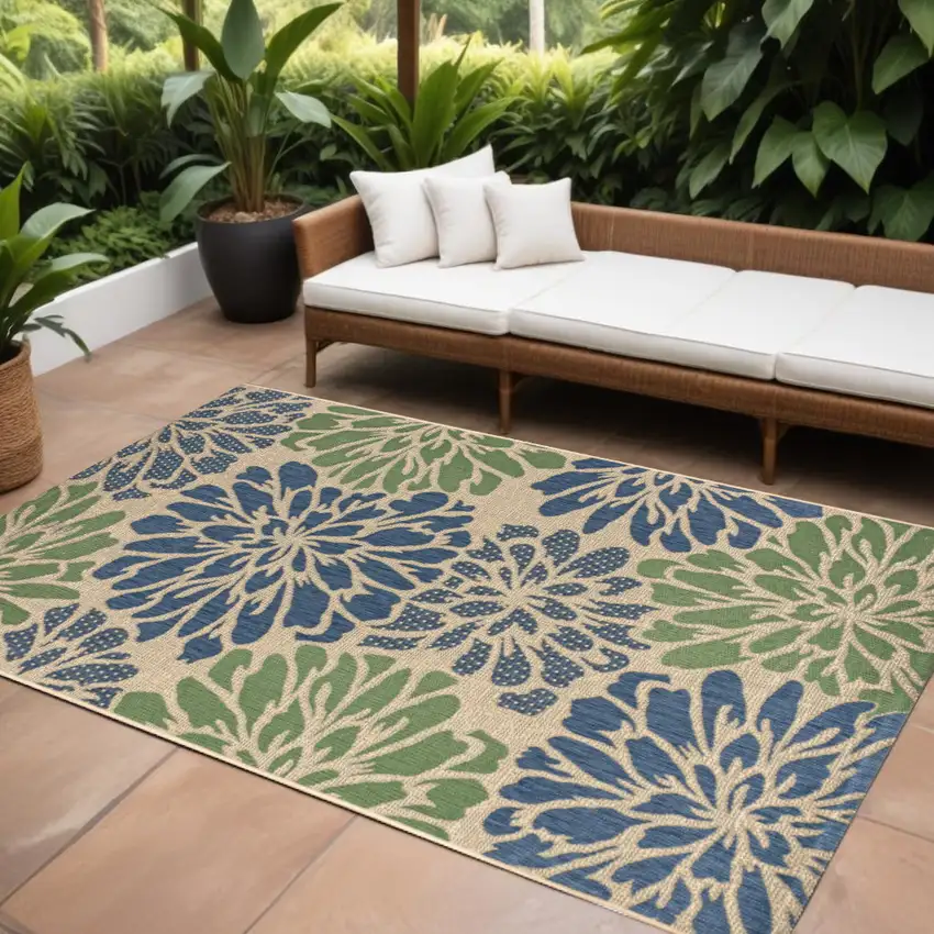 Navy Blue And Green Floral Indoor Outdoor Area Rug Photo 1