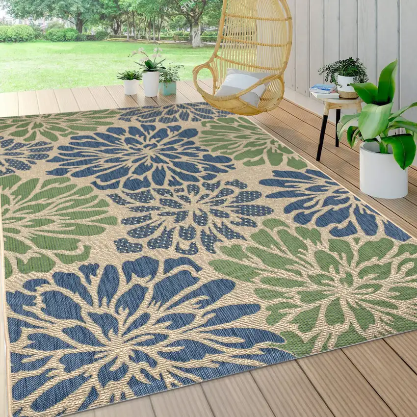 Navy Blue And Green Floral Indoor Outdoor Area Rug Photo 8