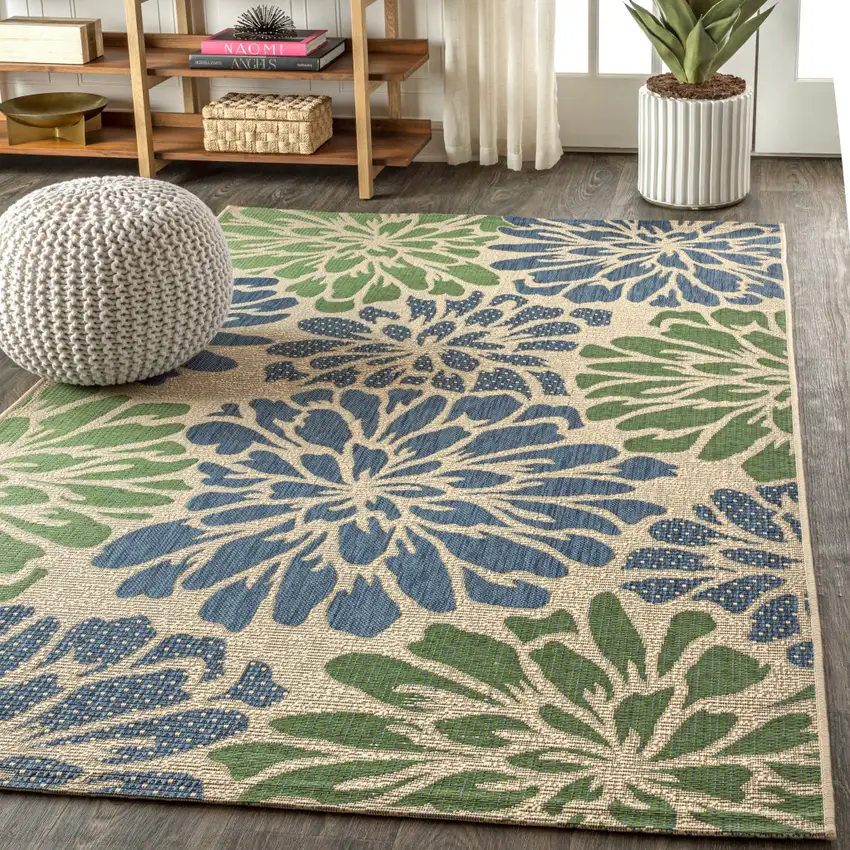 Navy Blue And Green Floral Indoor Outdoor Area Rug Photo 6