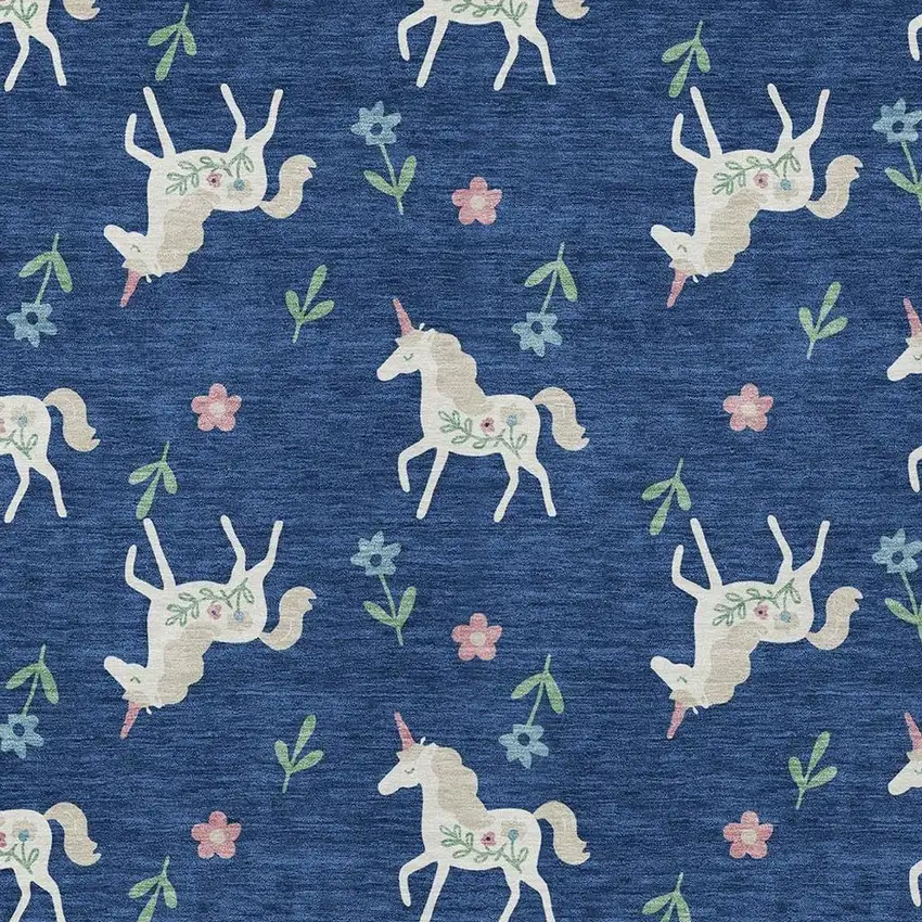 Navy Blue And Green Floral Washable Indoor Outdoor Area Rug Photo 3