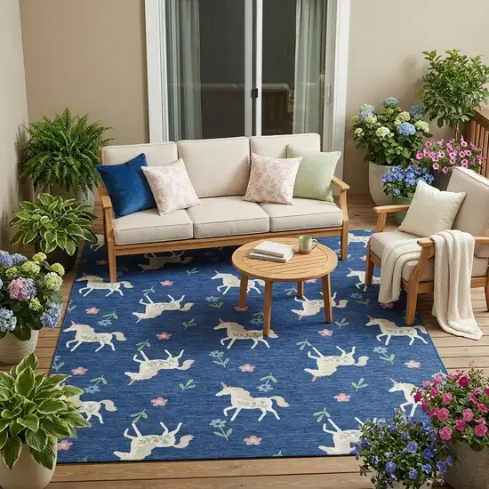 Navy Blue And Green Floral Washable Indoor Outdoor Area Rug Photo 1