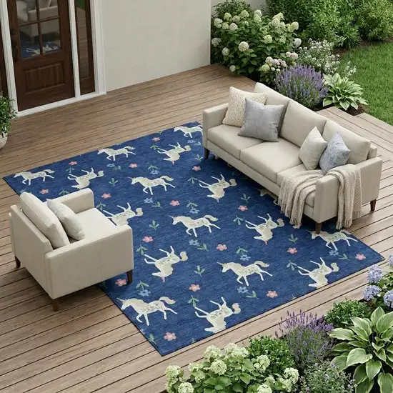 Navy Blue And Green Floral Washable Indoor Outdoor Area Rug Photo 1