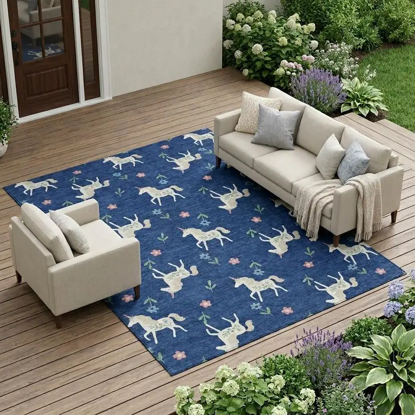 Navy Blue And Green Floral Washable Indoor Outdoor Area Rug Photo 1