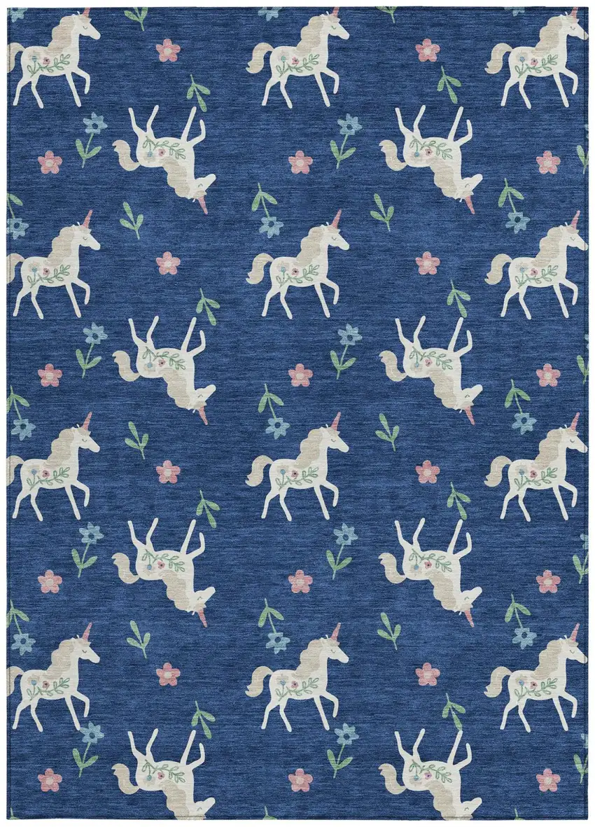 Navy Blue And Green Floral Washable Indoor Outdoor Area Rug Photo 4