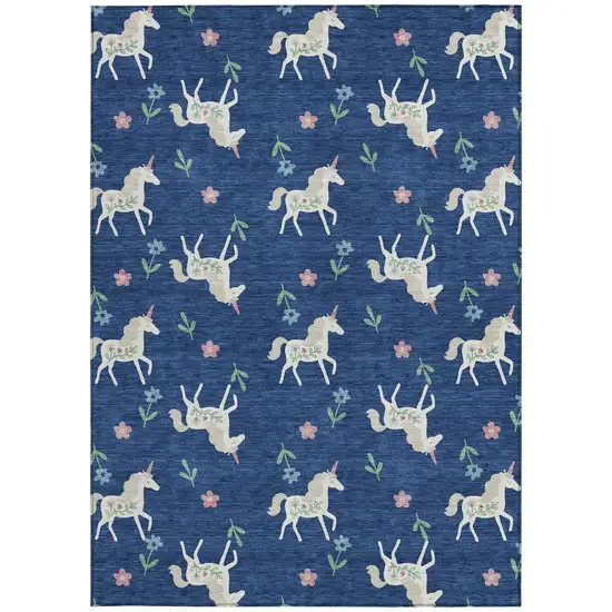 Navy Blue And Green Floral Washable Indoor Outdoor Area Rug Photo 4