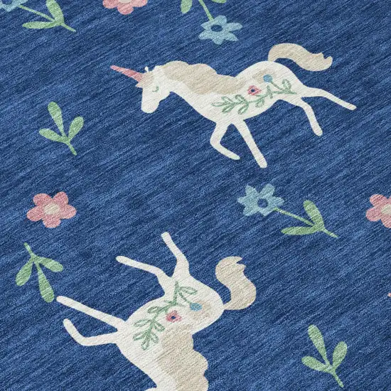 Navy Blue And Green Floral Washable Indoor Outdoor Area Rug Photo 8