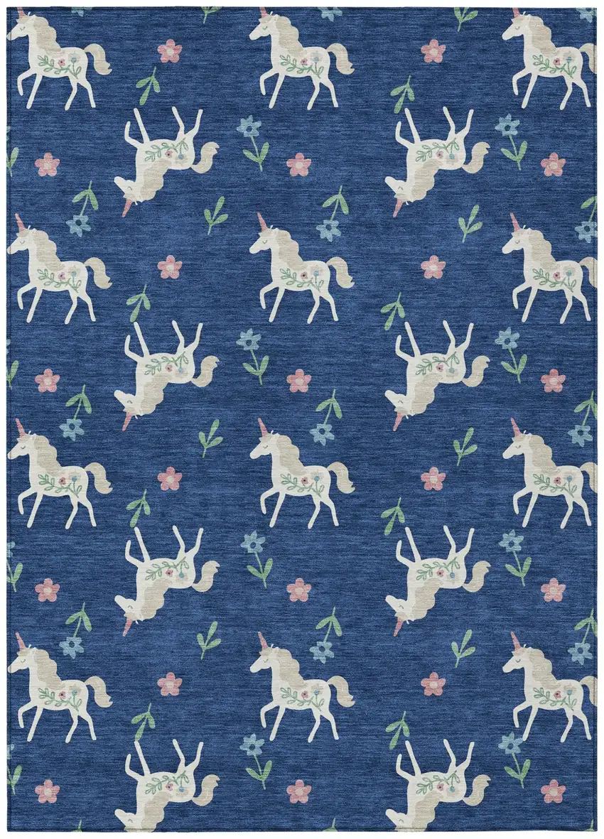 Navy Blue And Green Floral Washable Indoor Outdoor Area Rug Photo 2