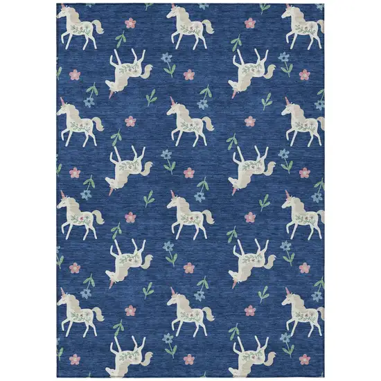 Navy Blue And Green Floral Washable Indoor Outdoor Area Rug Photo 2