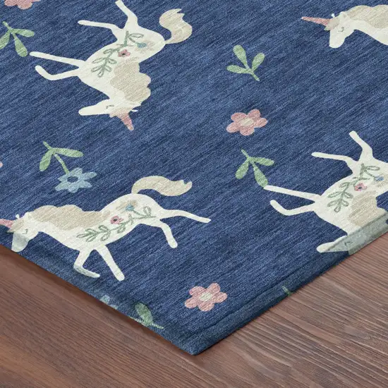 Navy Blue And Green Floral Washable Indoor Outdoor Area Rug Photo 7