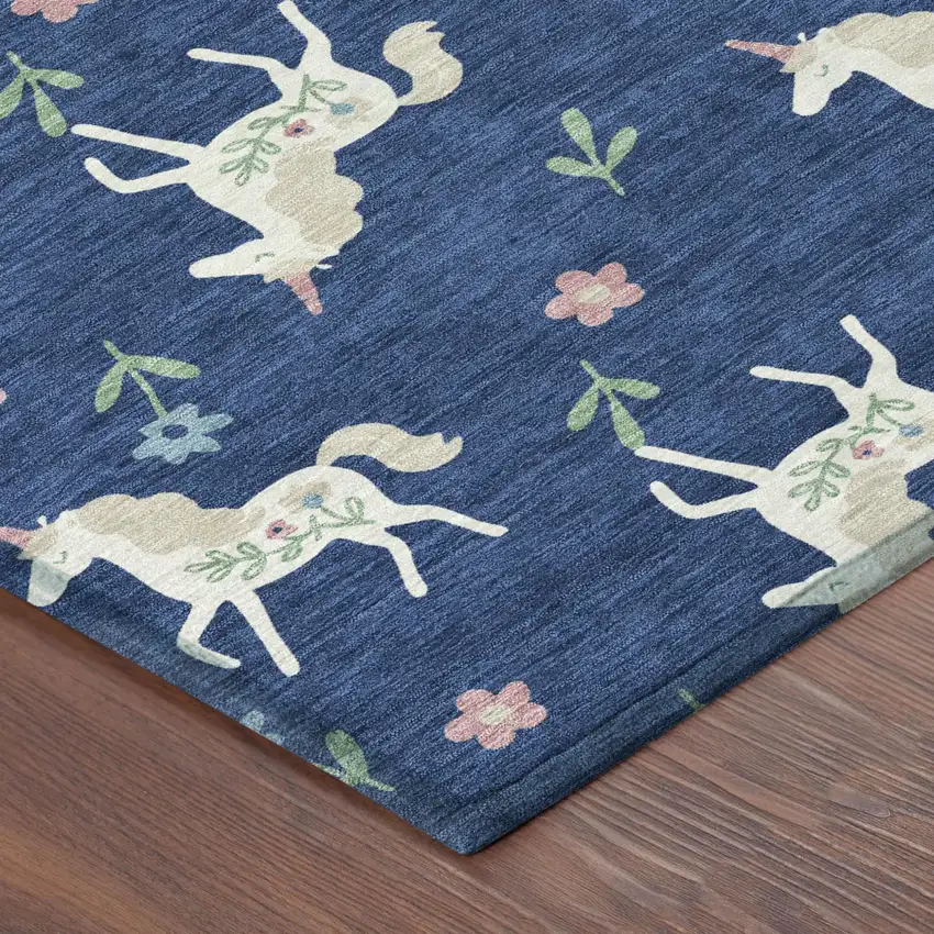 Navy Blue And Green Floral Washable Indoor Outdoor Area Rug Photo 7
