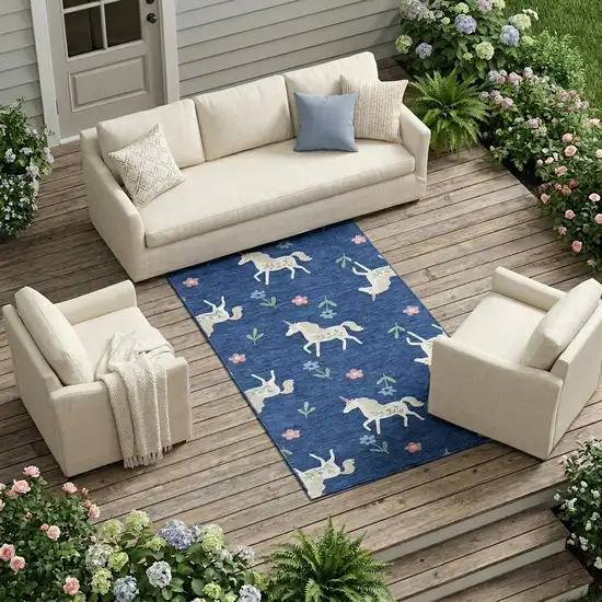 Navy Blue And Green Floral Washable Indoor Outdoor Area Rug Photo 1