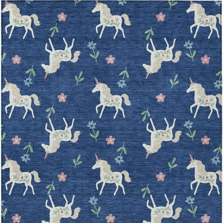 Navy Blue And Green Floral Washable Indoor Outdoor Area Rug Photo 3