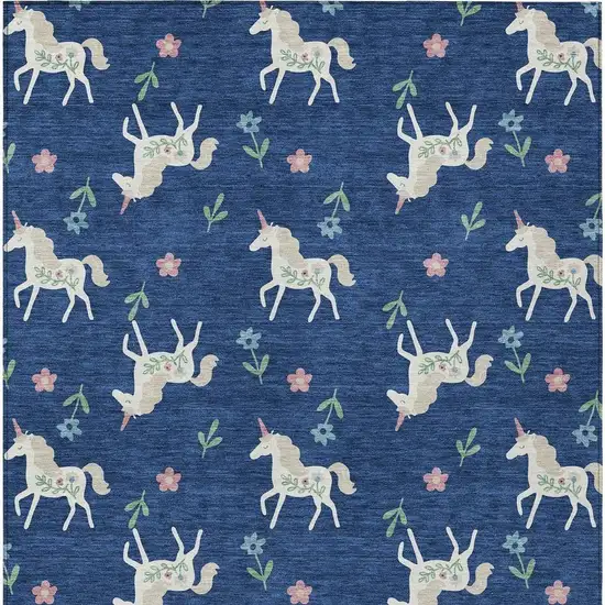 Navy Blue And Green Floral Washable Indoor Outdoor Area Rug Photo 3