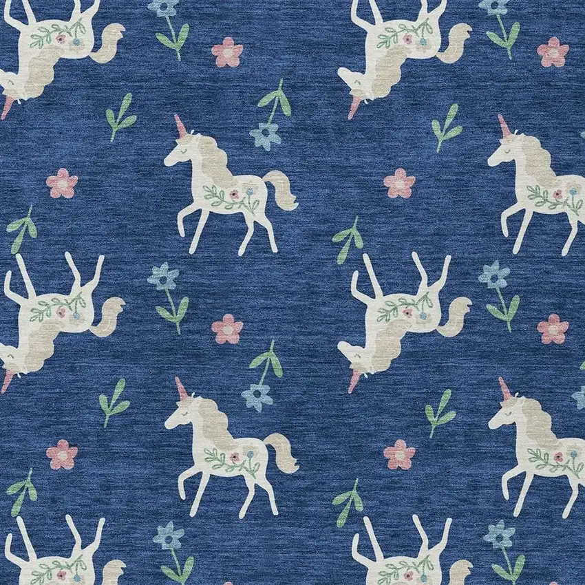 Navy Blue And Green Floral Washable Indoor Outdoor Area Rug Photo 5