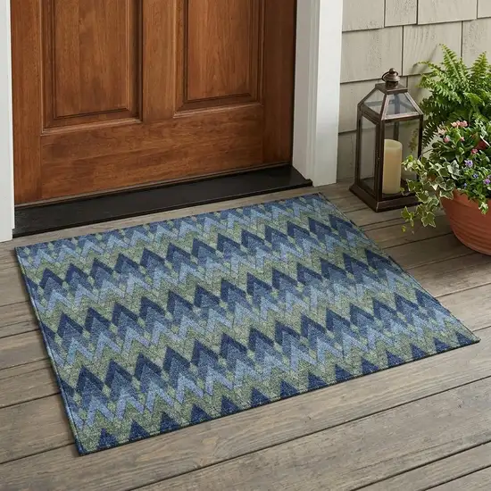 Navy Blue And Green Geometric Washable Indoor Outdoor Area Rug Photo 1