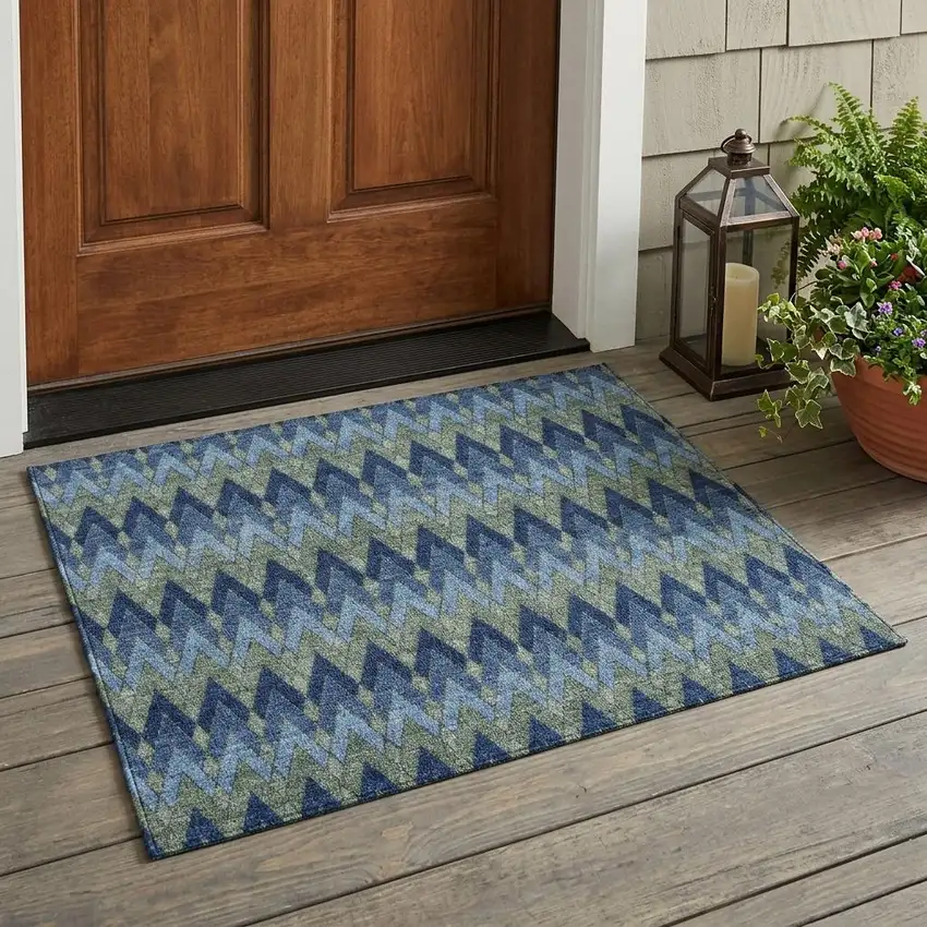 Navy Blue And Green Geometric Washable Indoor Outdoor Area Rug Photo 1