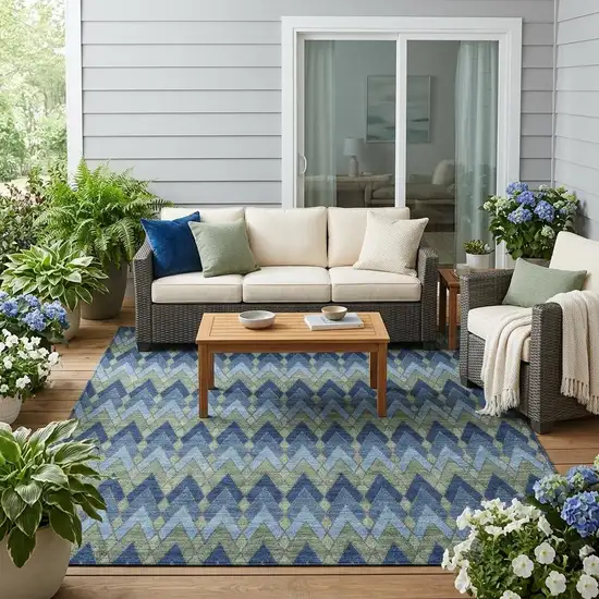 Navy Blue And Green Geometric Washable Indoor Outdoor Area Rug Photo 1