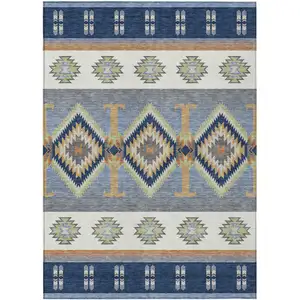 Photo of Navy Blue And Green Southwestern Washable Indoor Outdoor Area Rug