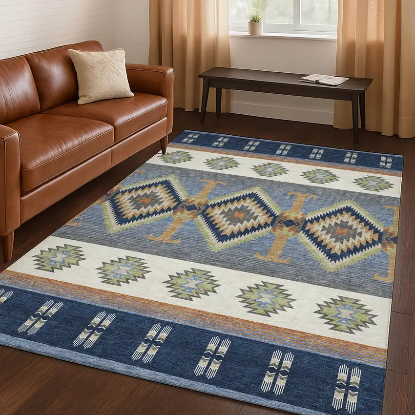 Navy Blue And Green Southwestern Washable Indoor Outdoor Area Rug Photo 5