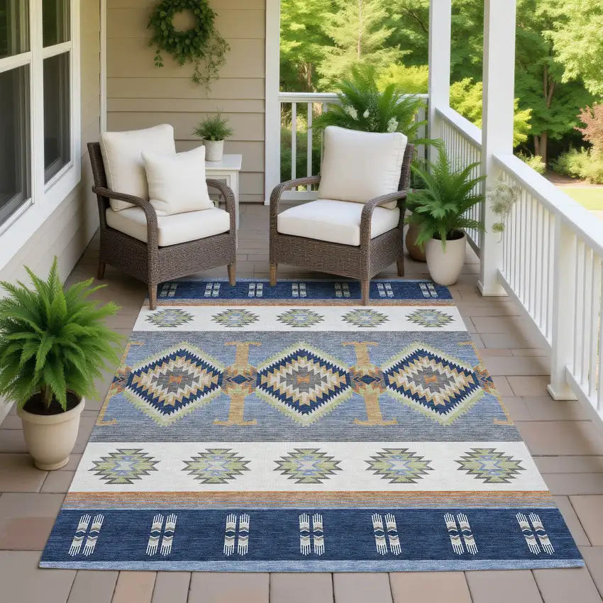 Navy Blue And Green Southwestern Washable Indoor Outdoor Area Rug Photo 7