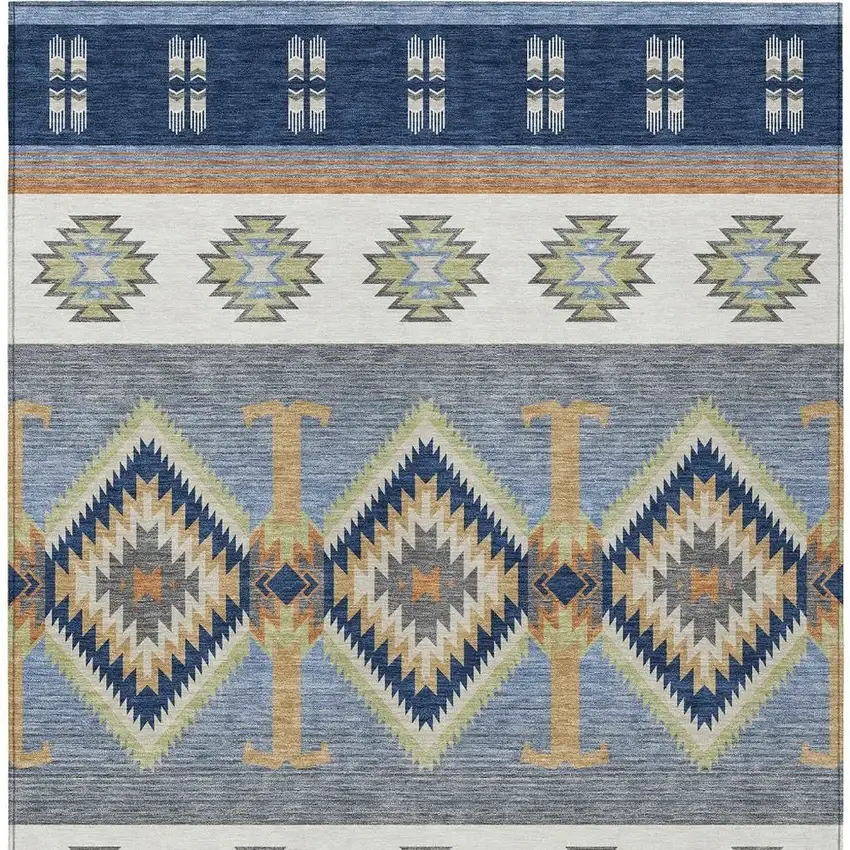 Navy Blue And Green Southwestern Washable Indoor Outdoor Area Rug Photo 3