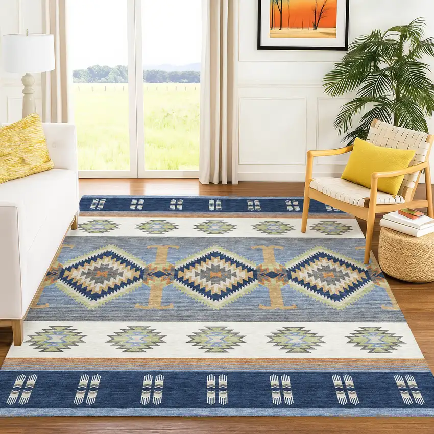 Navy Blue And Green Southwestern Washable Indoor Outdoor Area Rug Photo 6
