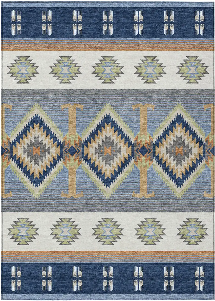 Navy Blue And Green Southwestern Washable Indoor Outdoor Area Rug Photo 1
