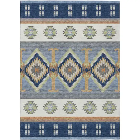Navy Blue And Green Southwestern Washable Indoor Outdoor Area Rug Photo 1